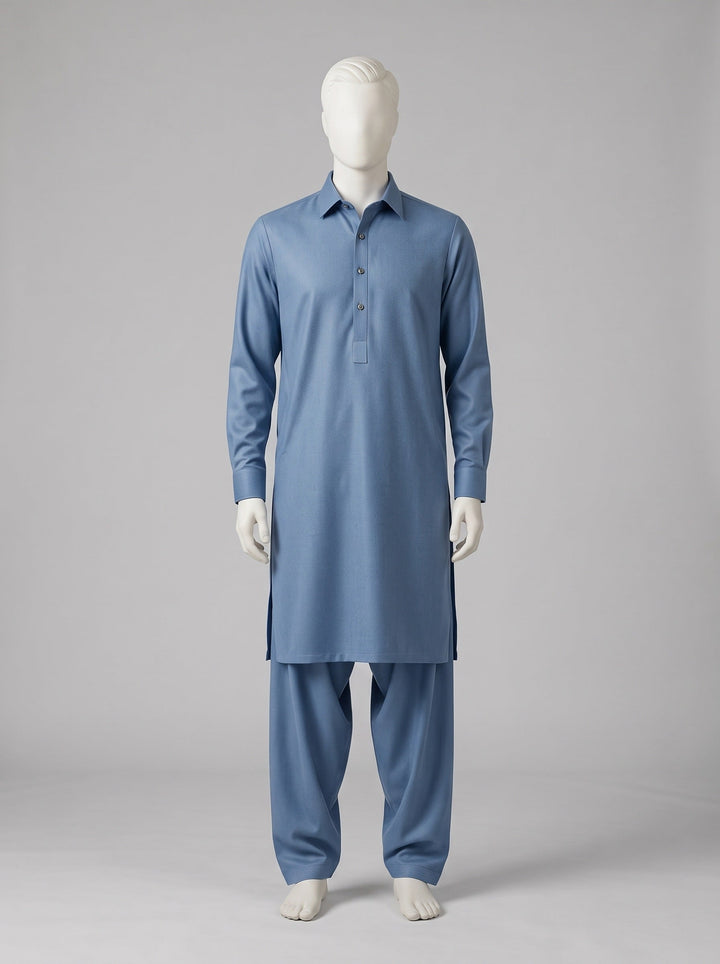SAPPHIRE WASH N WEAR (4 SEASON) – Cadet Blue shalwar kameez on a mannequin (stitching idea, sold unstitched)