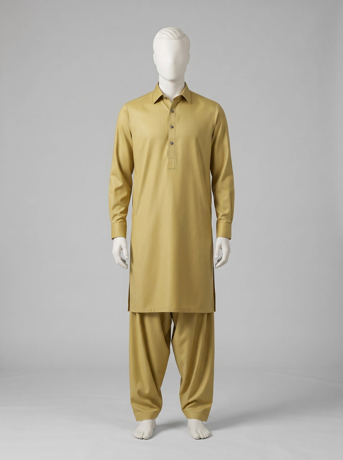 SAPPHIRE WASH N WEAR (4 SEASON) – Golden shalwar kameez on a mannequin (stitching idea, sold unstitched)