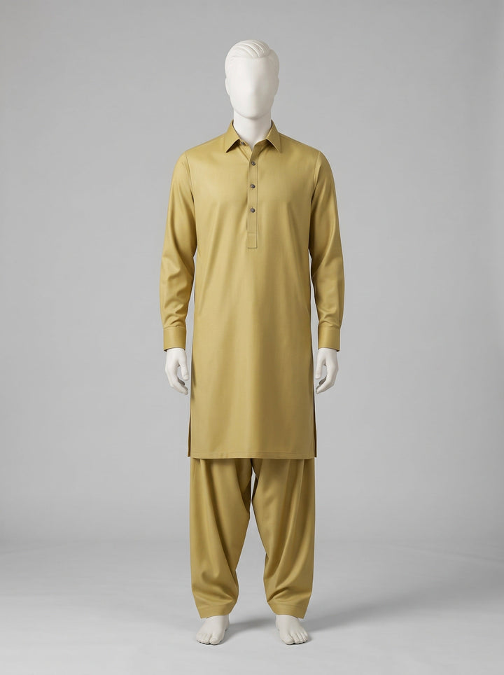 SAPPHIRE WASH N WEAR (4 SEASON) – Golden shalwar kameez on a mannequin (stitching idea, sold unstitched)