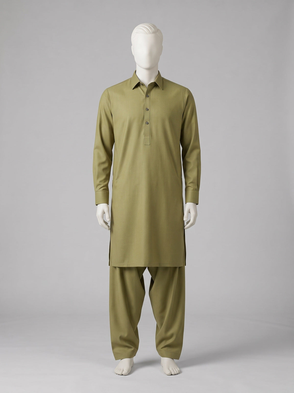 SAPPHIRE WASH N WEAR (4 SEASON) – Mustard Green shalwar kameez on a mannequin (stitching idea, sold unstitched)