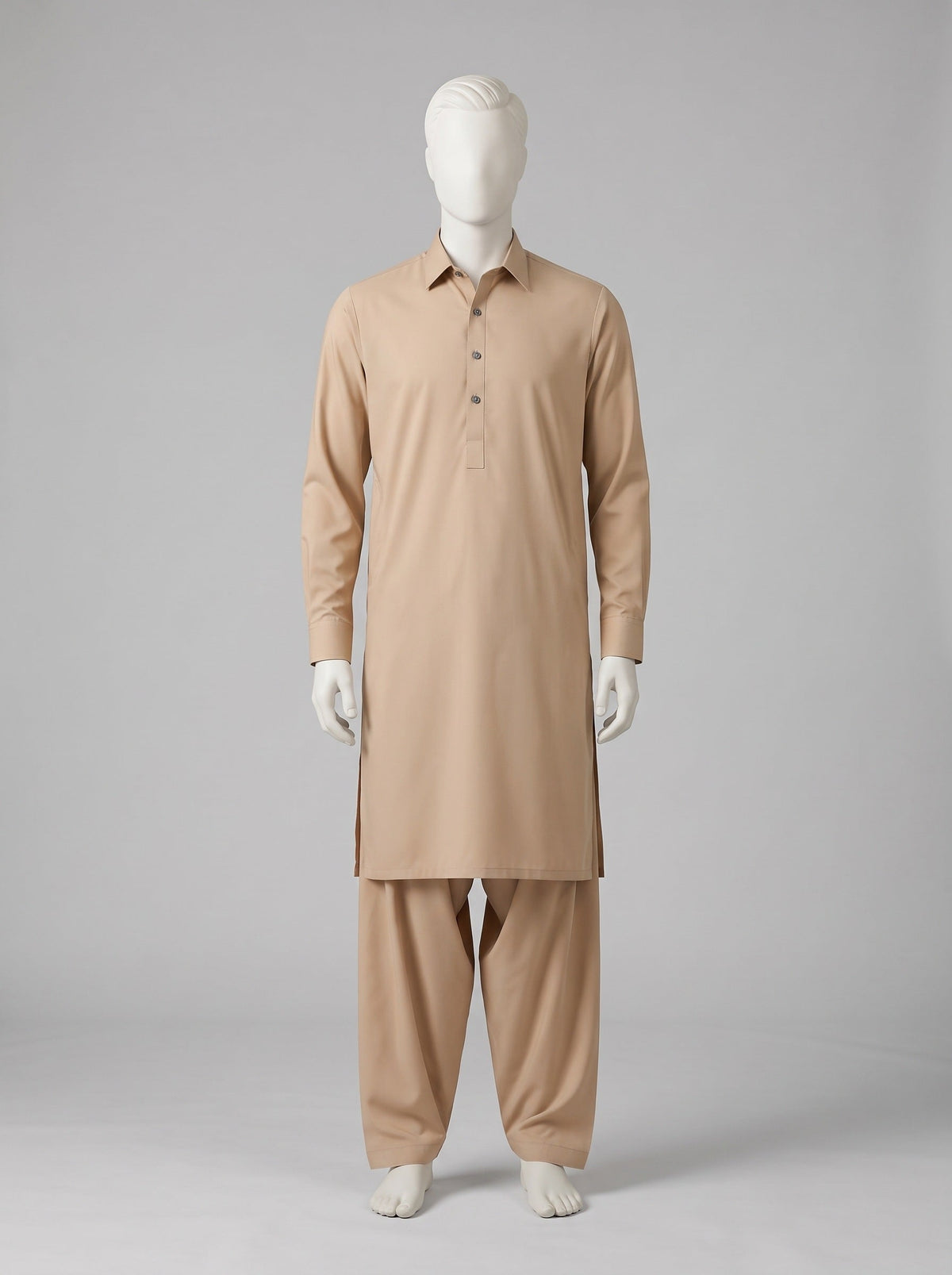 TOYOBO WASH & WEAR – Beige shalwar kameez on a mannequin (stitching idea, sold unstitched)