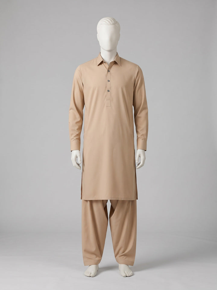 TOYOBO WASH & WEAR – Beige shalwar kameez on a mannequin (stitching idea, sold unstitched)