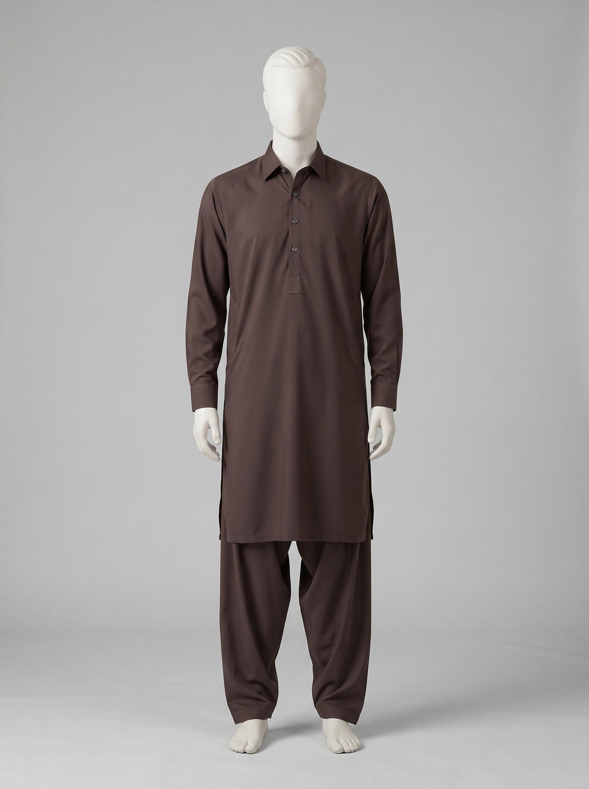 TOYOBO WASH & WEAR – Chocolate shalwar kameez on a mannequin (stitching idea, sold unstitched)