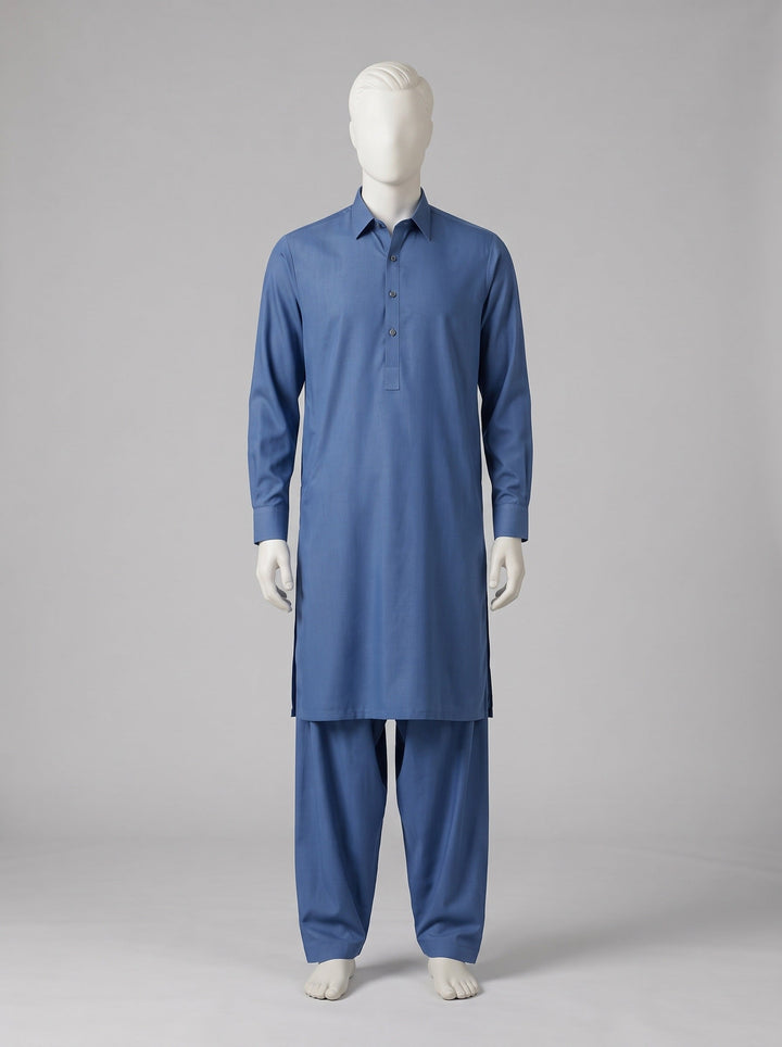 TOYOBO WASH & WEAR – Denim Blue shalwar kameez on a mannequin (stitching idea, sold unstitched)