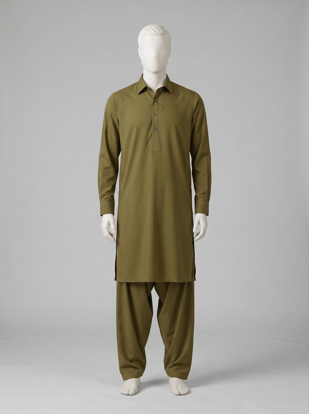 TOYOBO WASH & WEAR – Olivine shalwar kameez on a mannequin (stitching idea, sold unstitched)