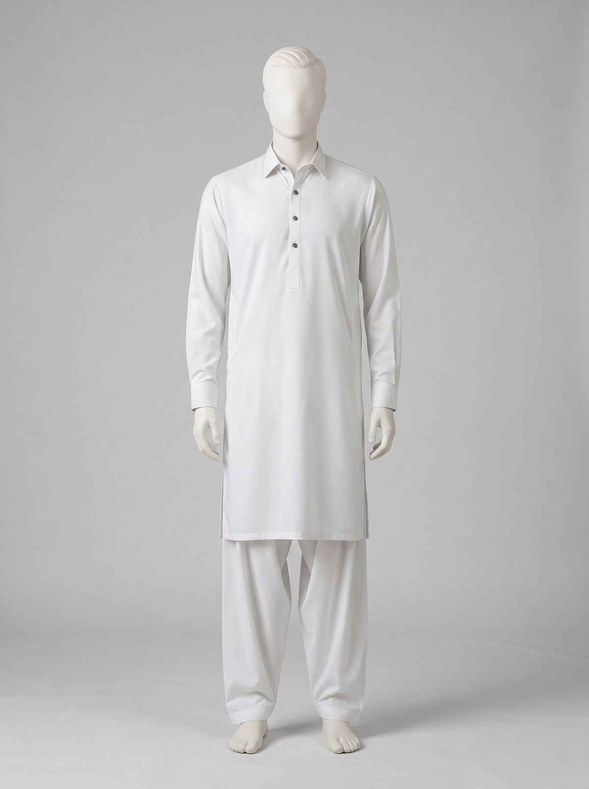 TOYOBO WASH & WEAR – Pearl White shalwar kameez on a mannequin (stitching idea, sold unstitched)