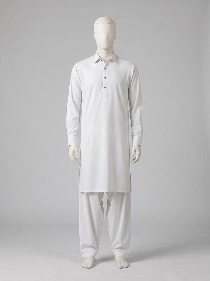 TOYOBO WASH & WEAR – Pearl White shalwar kameez on a mannequin (stitching idea, sold unstitched)