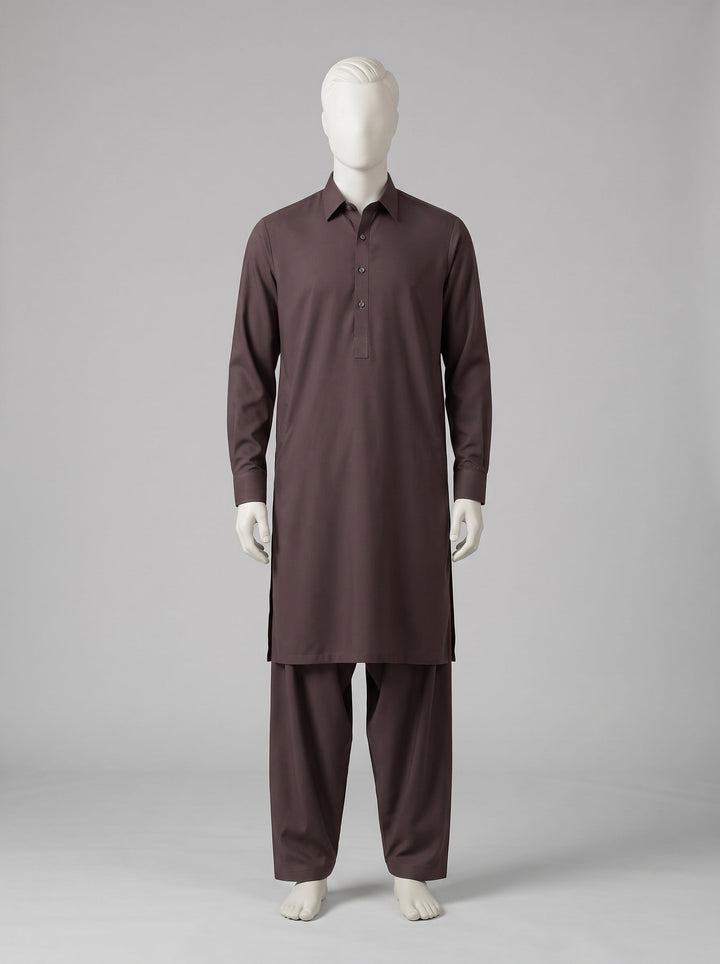 TOYOBO WASH & WEAR – Rose Wood shalwar kameez on a mannequin (stitching idea, sold unstitched)