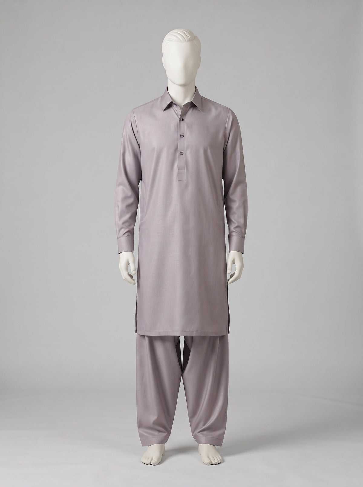 TOYOBO WASH & WEAR – Silver Foil shalwar kameez on a mannequin (stitching idea, sold unstitched)