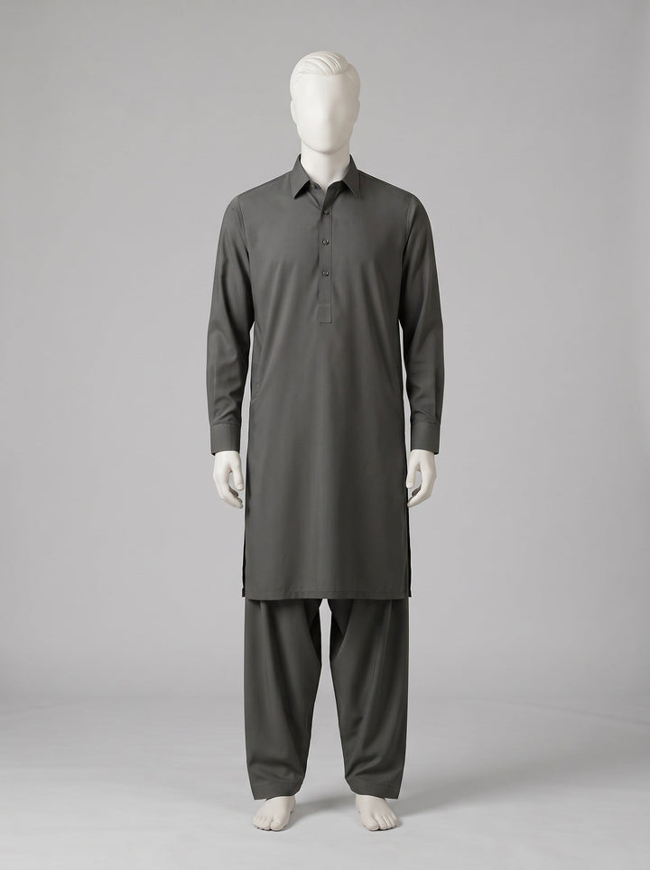 TOYOBO WASH & WEAR – Slate Grey shalwar kameez on a mannequin (stitching idea, sold unstitched)