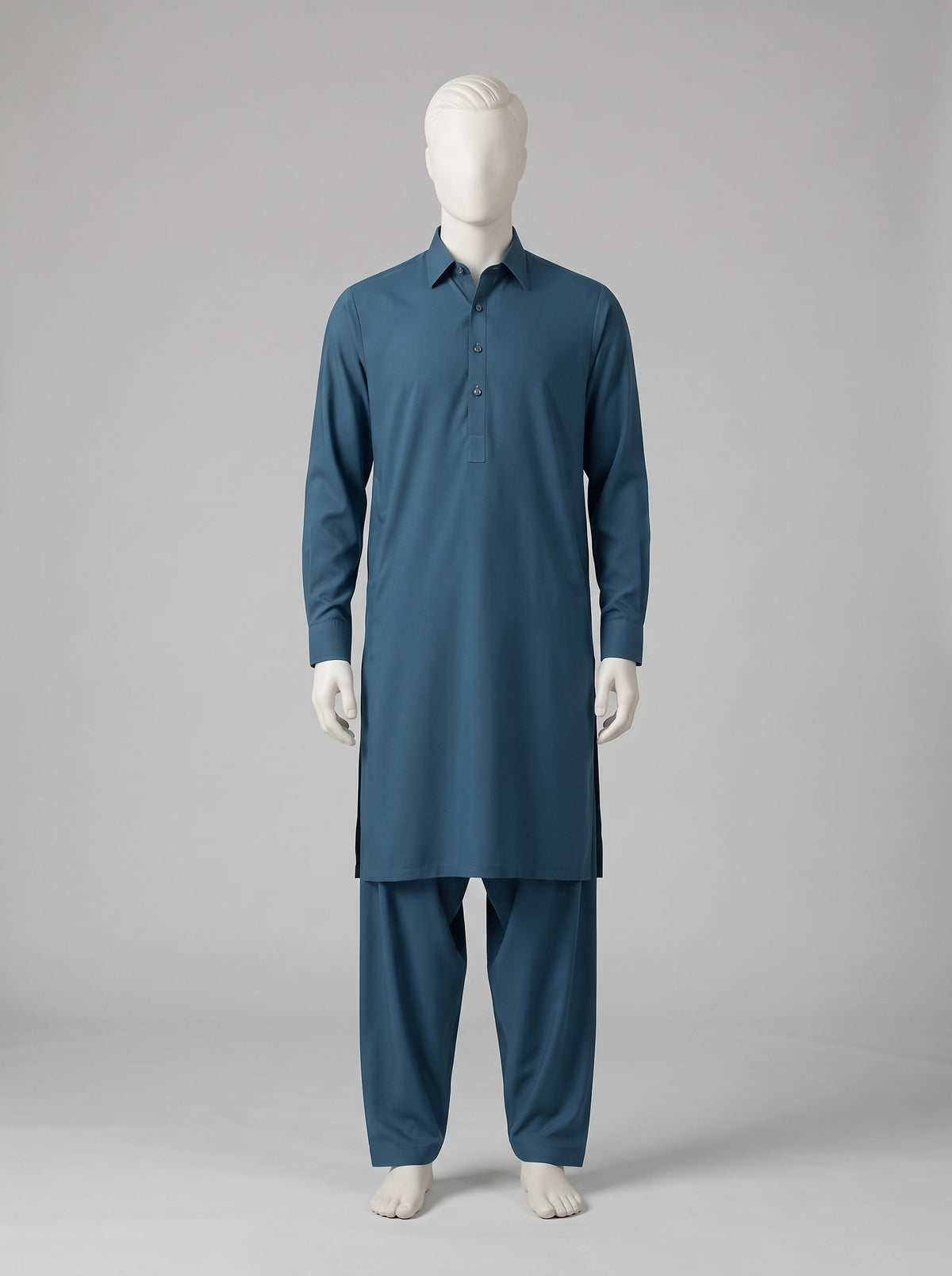 TOYOBO WASH & WEAR – Zinc shalwar kameez on a mannequin (stitching idea, sold unstitched)